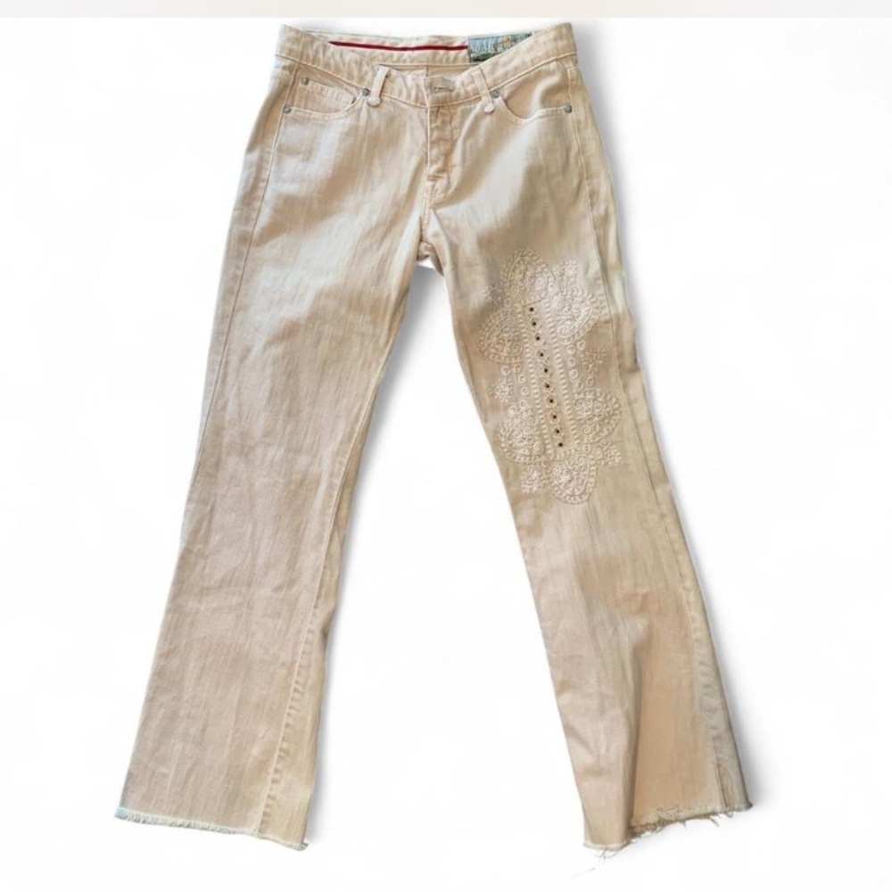 Jelessy Y2K vintage Embroidered Beige cream tan Jeans size 28 raw hem wide leg